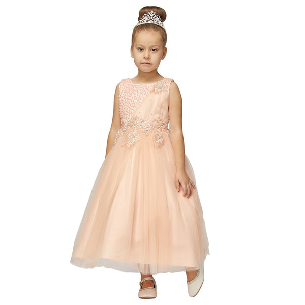 Little Girls Cream Pearl Bead Coiled Lace Satin Tulle Flower Girl Dress 4-6 - SophiasStyle.com