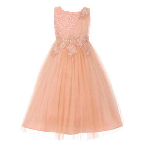 Big Girls Blush Pearl Bead Coiled Lace Satin Tulle Junior Bridesmaid Dress 8-16 - SophiasStyle.com