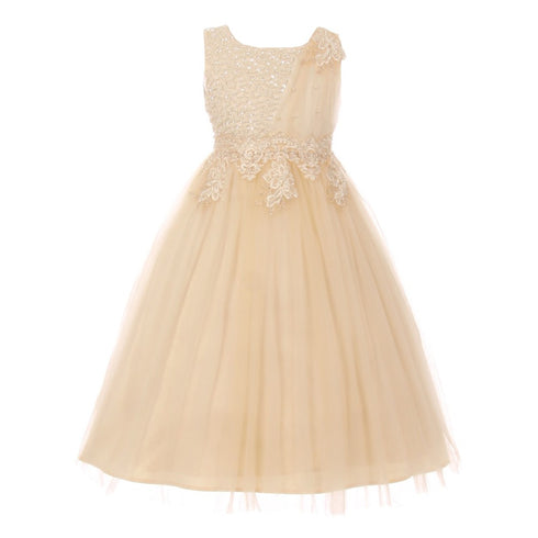 Cream Pearl Bead Coil Lace Satin Tulle Junior Bridesmaid Dress size Big Girls 8-16 - SophiasStyle.com
