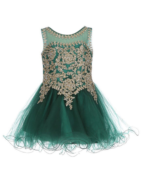 Baby Girls Hunter Green Gold Coiled Lace Illusion Flower Girl Dress 6-24 Months - SophiasStyle.com