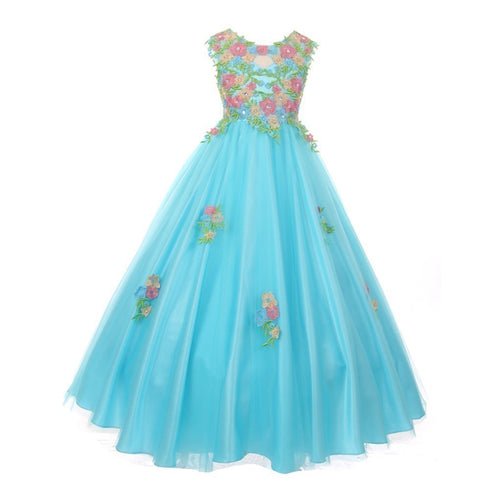 Big Girls Aqua Pink Floral Embroidered Lace Tulle Junior Bridesmaid Dress 8-16 - SophiasStyle.com