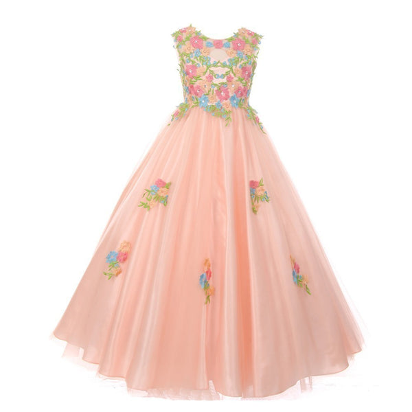 Big Girls Blush Pink Floral Embroidered Lace Tulle Junior Bridesmaid Dress 8-16 - SophiasStyle.com