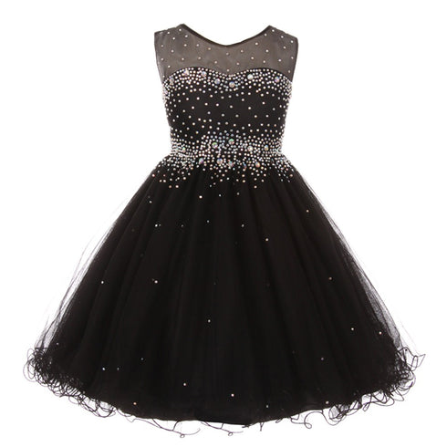 Big Girls Black Sparkling Rhinestone Illusion Tulle Party Formal Dress 8-16 - SophiasStyle.com