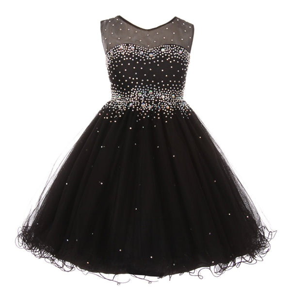 Big Girls Black Sparkling Rhinestone Illusion Tulle Party Formal Dress 8-16 - SophiasStyle.com