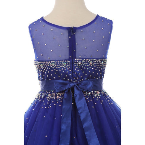 Big Girls Royal Blue Sparkling Rhinestone Illusion Tulle Party Formal Dress 8-16 - SophiasStyle.com