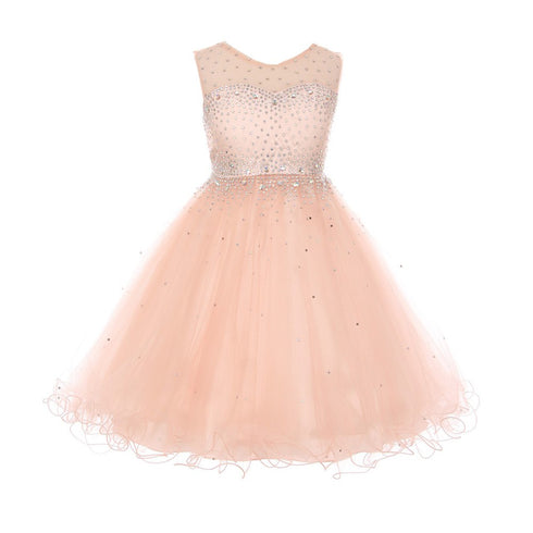 Big Girls Blush AB Rhinestone Illusion Party Junior Bridesmaid Dress 8-16 - SophiasStyle.com