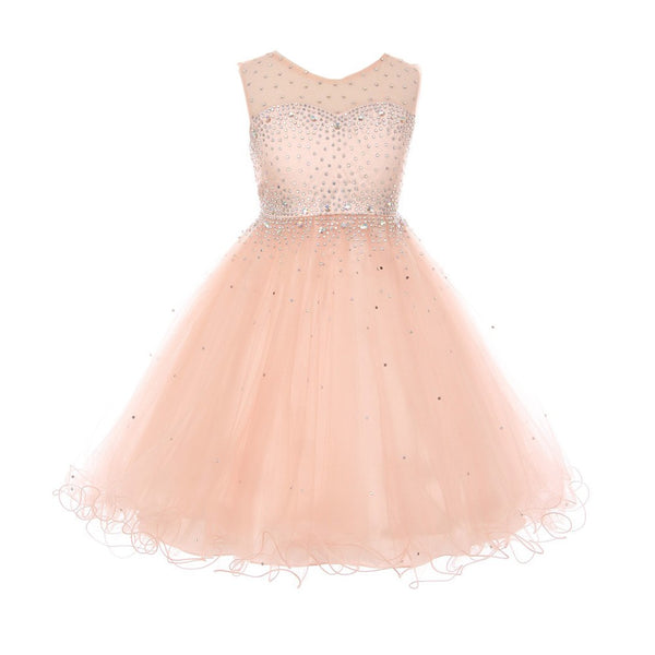 Big Girls Blush AB Rhinestone Illusion Party Junior Bridesmaid Dress 8-16 - SophiasStyle.com