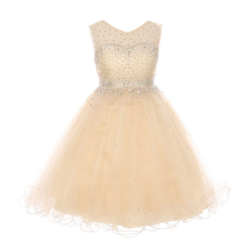 Little Girls Champagne AB Rhinestone Illusion Party Flower Girl Dress 4-6 - SophiasStyle.com