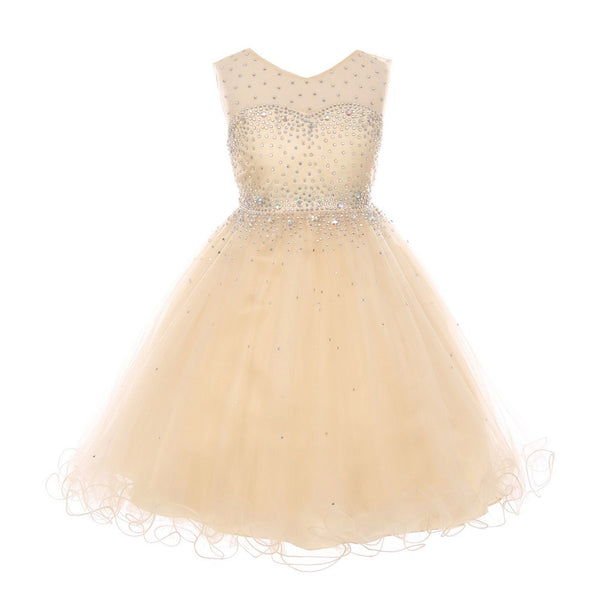 Big Girls Champagne AB Rhinestone Illusion Party Junior Bridesmaid Dress 8-16 - SophiasStyle.com