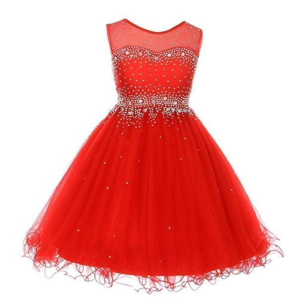 Big Girls Red Sparkling Rhinestone Illusion Tulle Party Formal Dress 8-16 - SophiasStyle.com