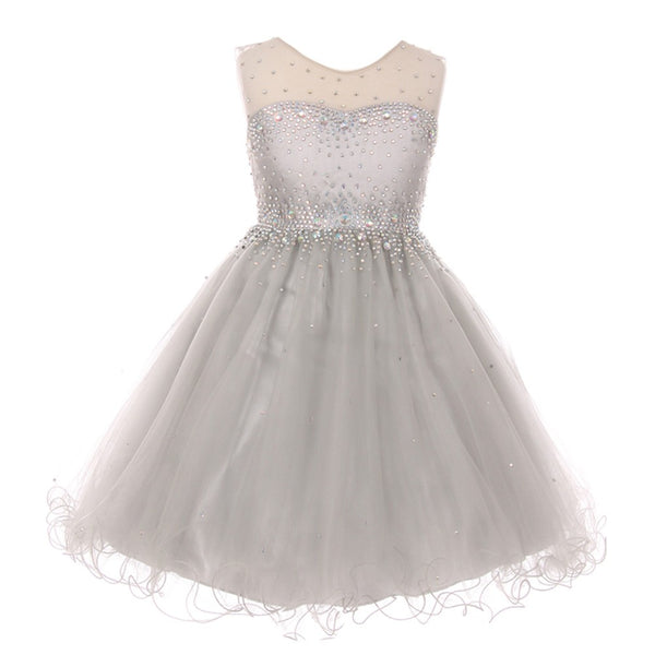 Little Girls Silver Sparkling Rhinestone Illusion Tulle Party Formal Dress 4-6 - SophiasStyle.com