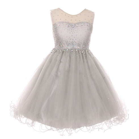 Little Girls Silver Sparkling Rhinestone Illusion Tulle Party Formal Dress 4-6 - SophiasStyle.com