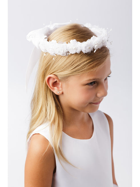 Girls Ivory Organza Flower Pearl Rhinestone Adorned Special Occasion Crown - SophiasStyle.com