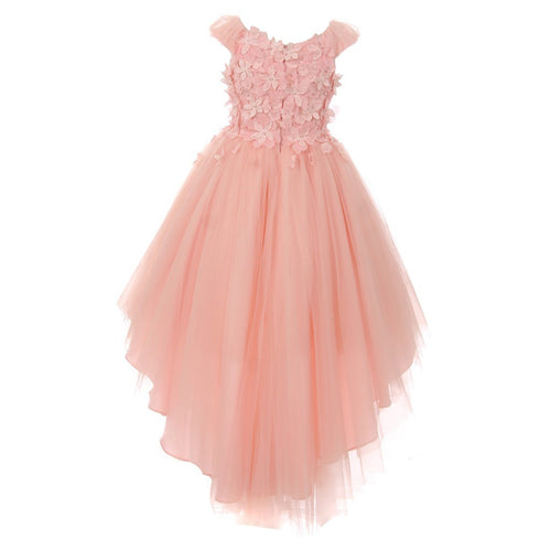 Big Girls Blush 3D Flower Adorned Tulle Hi-Low Junior Bridesmaid Dress 8-16 - SophiasStyle.com