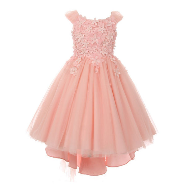 Little Girls Blush 3D Flower Adorned Soft Tulle Hi-Low Flower Girl Dress 4-6 - SophiasStyle.com