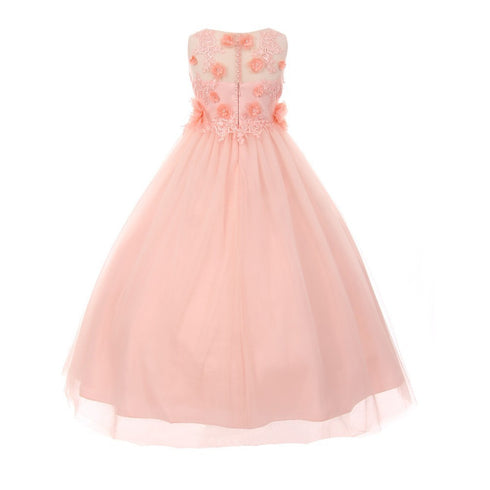 Big Girls Blush 3D Flower Adorned Tulle Illusion Junior Bridesmaid Dress 8-16 - SophiasStyle.com