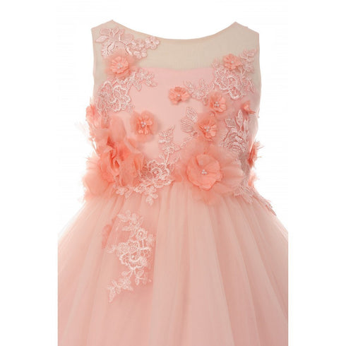 Big Girls Blush 3D Flower Adorned Tulle Illusion Junior Bridesmaid Dress 8-16 - SophiasStyle.com