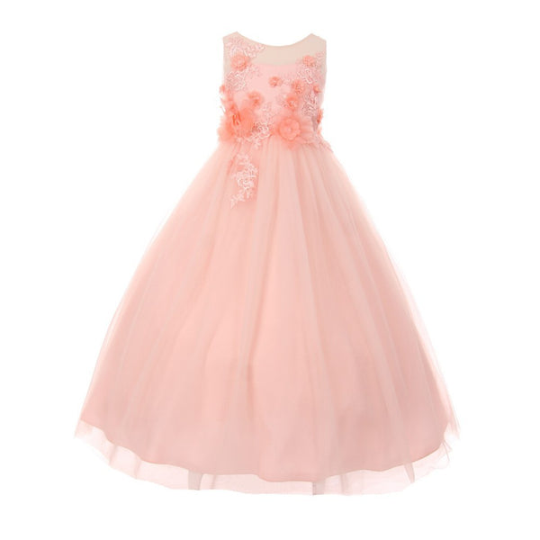 Big Girls Blush 3D Flower Adorned Tulle Illusion Junior Bridesmaid Dress 8-16 - SophiasStyle.com