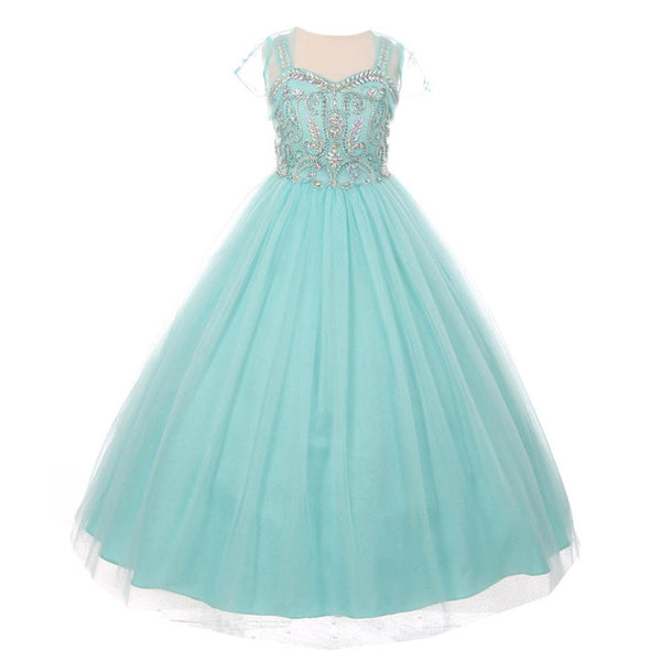 Little Girls Aqua Bedazzled Rhinestone Tulle Bolero Special Occasion Dress 4-6 - SophiasStyle.com