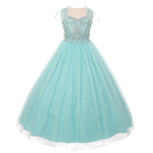 Big Girls Aqua Bedazzled Rhinestone Tulle Bolero Special Occasion Dress 8-16 - SophiasStyle.com