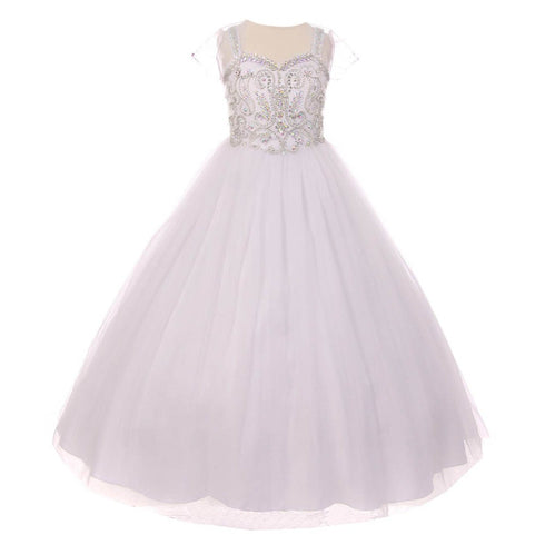 Little Girls White Bedazzled Rhinestone Tulle Bolero Special Occasion Dress 4-6 - SophiasStyle.com
