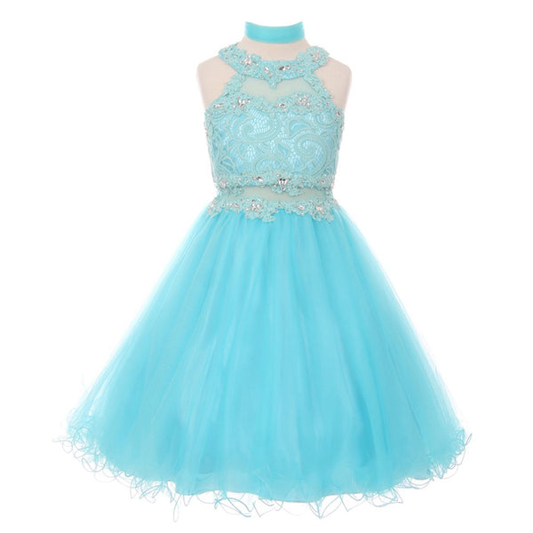 Little Girls Aqua Rhinestone Halter Neck Lace Tulle Flower Girl Dress 4-6 - SophiasStyle.com