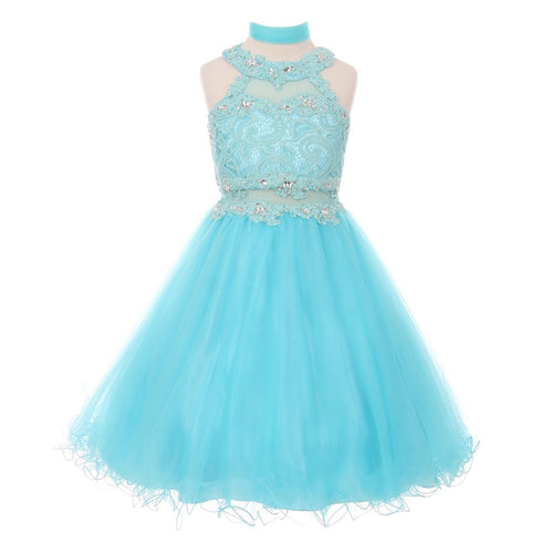 Big Girls Aqua Rhinestone Halter Neck Lace Tulle Junior Bridesmaid Dress 8-20 - SophiasStyle.com