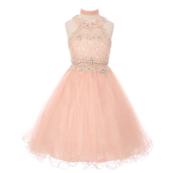 Little Girls Blush Rhinestone Halter Neck Lace Tulle Flower Girl Dress 4-6 - SophiasStyle.com