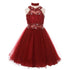 Little Girls Burgundy Rhinestone Halter Neck Lace Flower Girl Dress 4-6 - SophiasStyle.com
