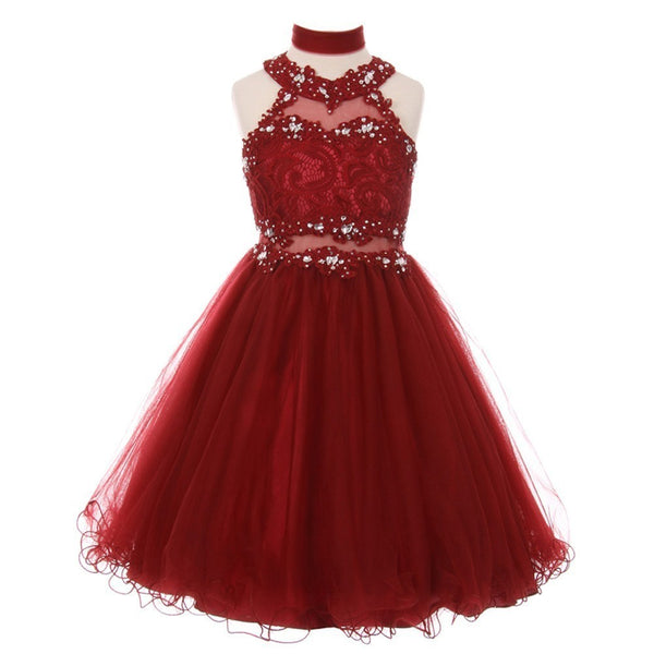 Little Girls Burgundy Rhinestone Halter Neck Lace Flower Girl Dress 4-6 - SophiasStyle.com