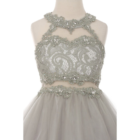 Little Girls Silver Rhinestone Halter Neck Lace Tulle Flower Girl Dress 4-6 - SophiasStyle.com