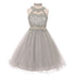 Little Girls Silver Rhinestone Halter Neck Lace Tulle Flower Girl Dress 4-6 - SophiasStyle.com