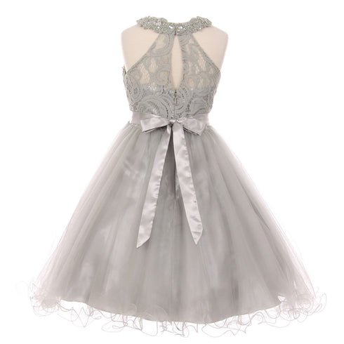 Little Girls Silver Rhinestone Halter Neck Lace Tulle Flower Girl Dress 4-6 - SophiasStyle.com