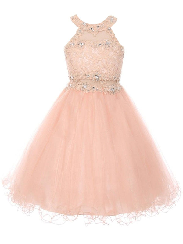Big Girls Blush Rhinestone Halter Neck Lace Tulle Junior Bridesmaid Dress 8-20 - SophiasStyle.com