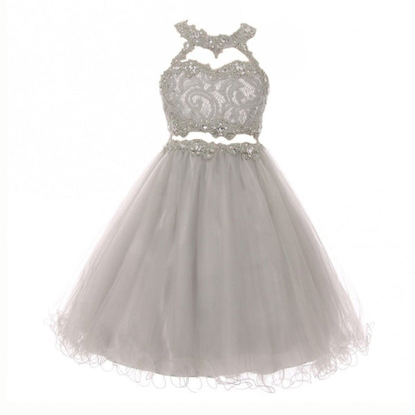 Big Girls Silver Rhinestone Halter Neck Lace Tulle Junior Bridesmaid Dress 8-20 - SophiasStyle.com