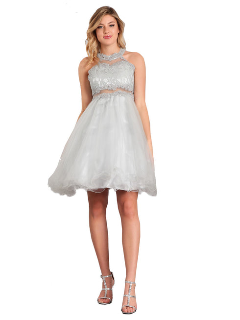 Big Girls Silver Rhinestone Halter Neck Lace Tulle Junior Bridesmaid Dress 8-20 - SophiasStyle.com