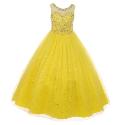 Big Girls Yellow Crystal Beading Glitter Tulle Floor Length Pageant Dress 8-16 - SophiasStyle.com