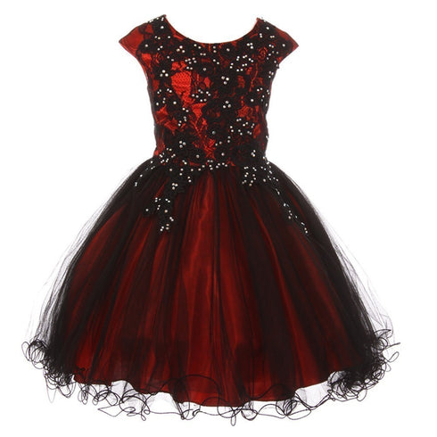 Big Girls Red Black Rhinestone Embroidered Lace Junior Bridesmaid Dress 8-16 - SophiasStyle.com