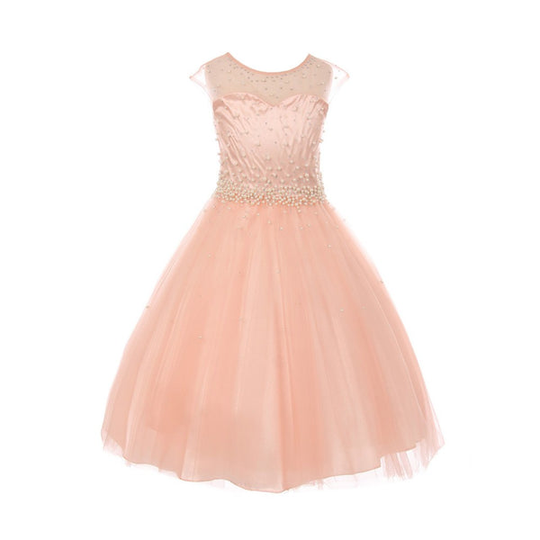 Little Girls Blush Pearl Rhinestone Satin Tulle Illusion Flower Girl Dress 4-6 - SophiasStyle.com