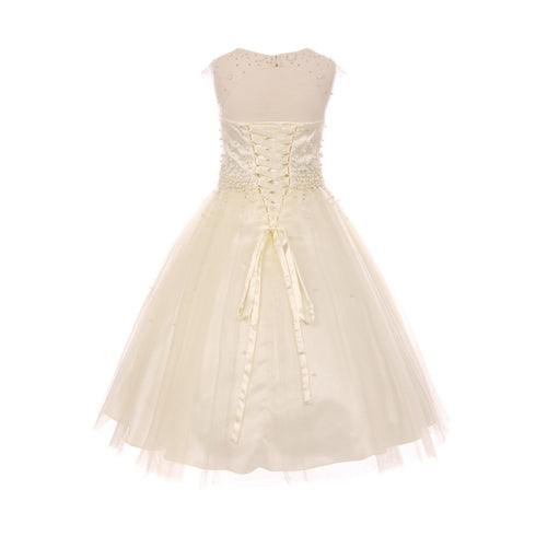 Big Girls Ivory Pearl Rhinestone Satin Tulle Junior Bridesmaid Dress 8-16 - SophiasStyle.com