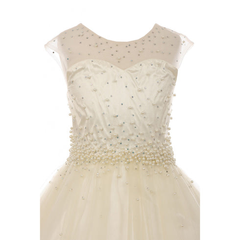 Big Girls Ivory Pearl Rhinestone Satin Tulle Junior Bridesmaid Dress 8-16 - SophiasStyle.com