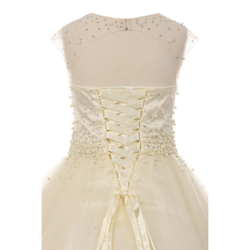 Little Girls Ivory Pearl Rhinestone Satin Tulle Illusion Flower Girl Dress 4-6 - SophiasStyle.com