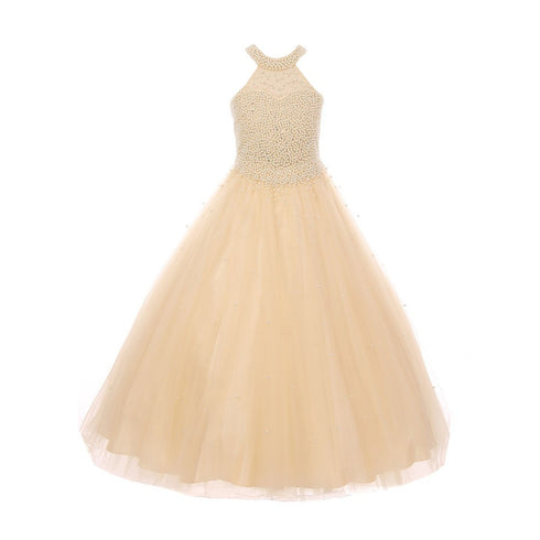 Big Girls Champagne Dazzling Halter Neck Tulle Junior Bridesmaid Dress 8-16 - SophiasStyle.com