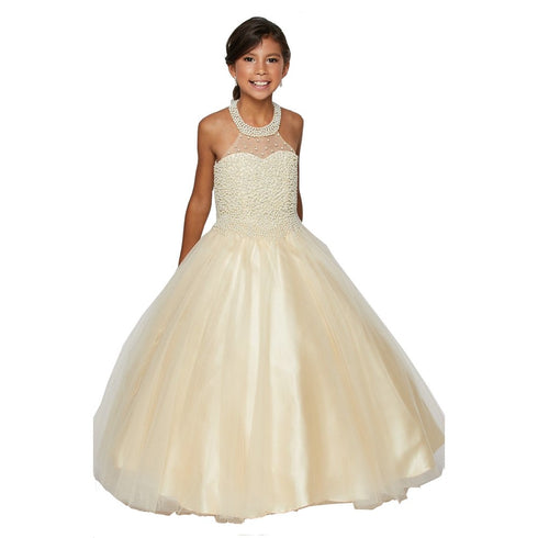 Big Girls Champagne Dazzling Halter Neck Tulle Junior Bridesmaid Dress 8-16 - SophiasStyle.com