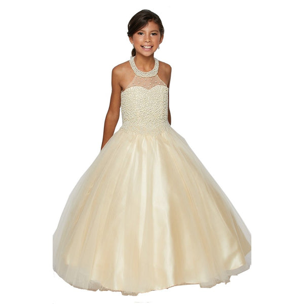 Big Girls Champagne Dazzling Halter Neck Tulle Junior Bridesmaid Dress 8-16 - SophiasStyle.com