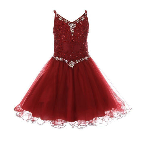 Big Girls Burgundy Rhinestone Colored Pearl Tulle Junior Bridesmaid Dress 12 - SophiasStyle.com