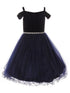 Little Girls Navy Rhinestone Velvet Off-Shoulder Flower Girl Dress 2-6 - SophiasStyle.com
