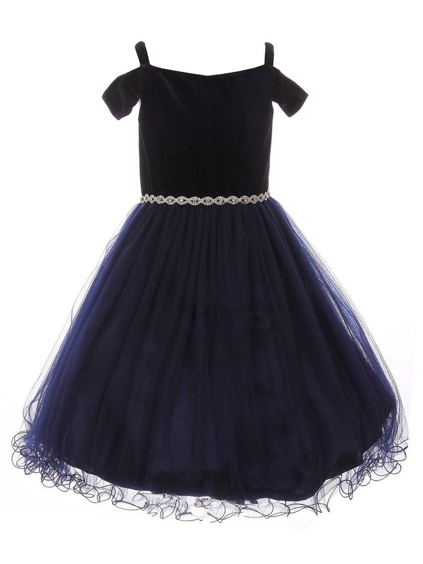 Little Girls Navy Rhinestone Velvet Off-Shoulder Flower Girl Dress 2-6 - SophiasStyle.com