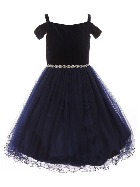 Big Girls Navy Rhinestone Velvet Off-Shoulder Junior Bridesmaid Dress 8-14 - SophiasStyle.com