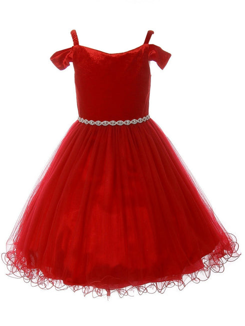 Big Girls Burgundy Rhinestone Velvet Off-Shoulder Christmas Dress 8-14 - SophiasStyle.com
